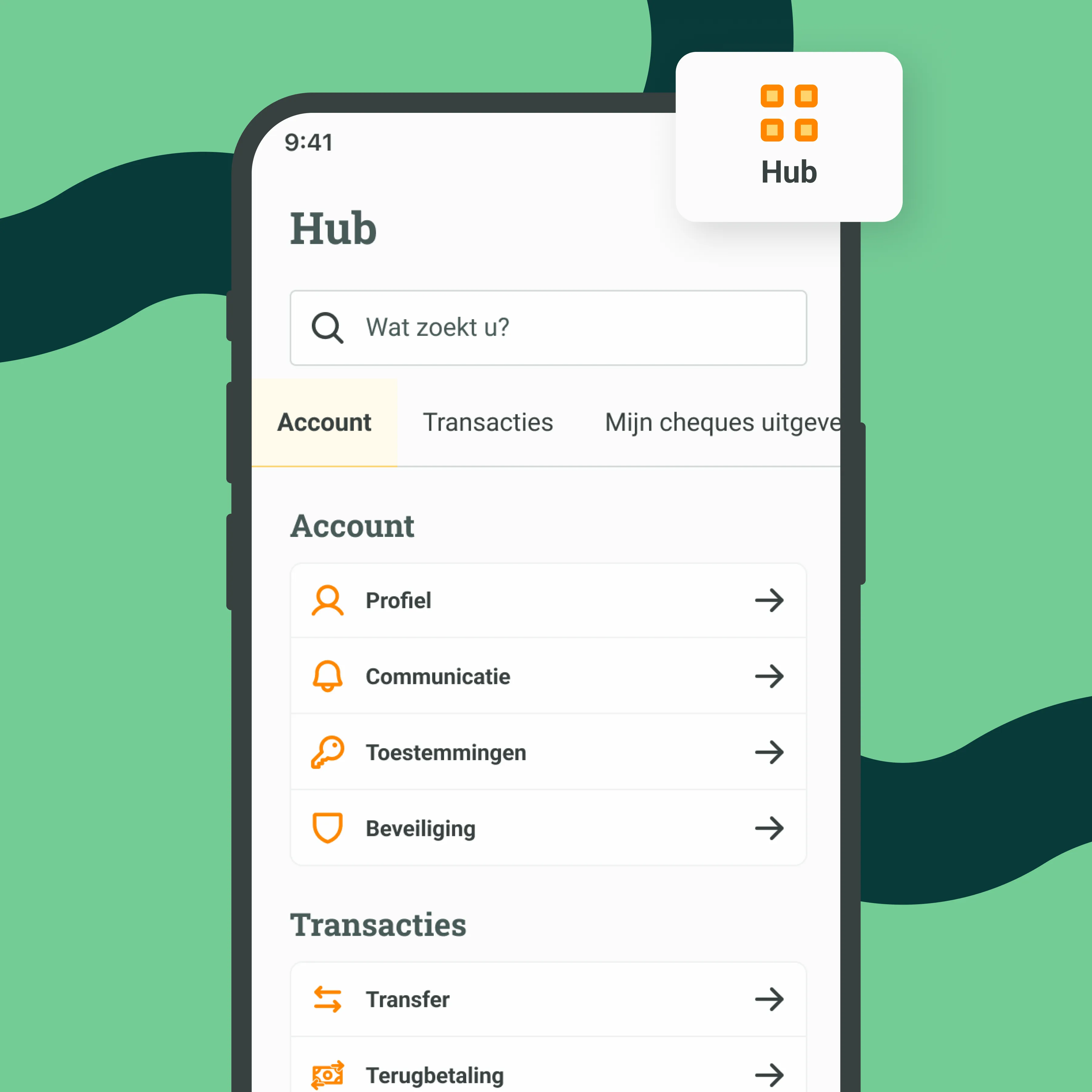 Hub-scherm van de Monizze-app