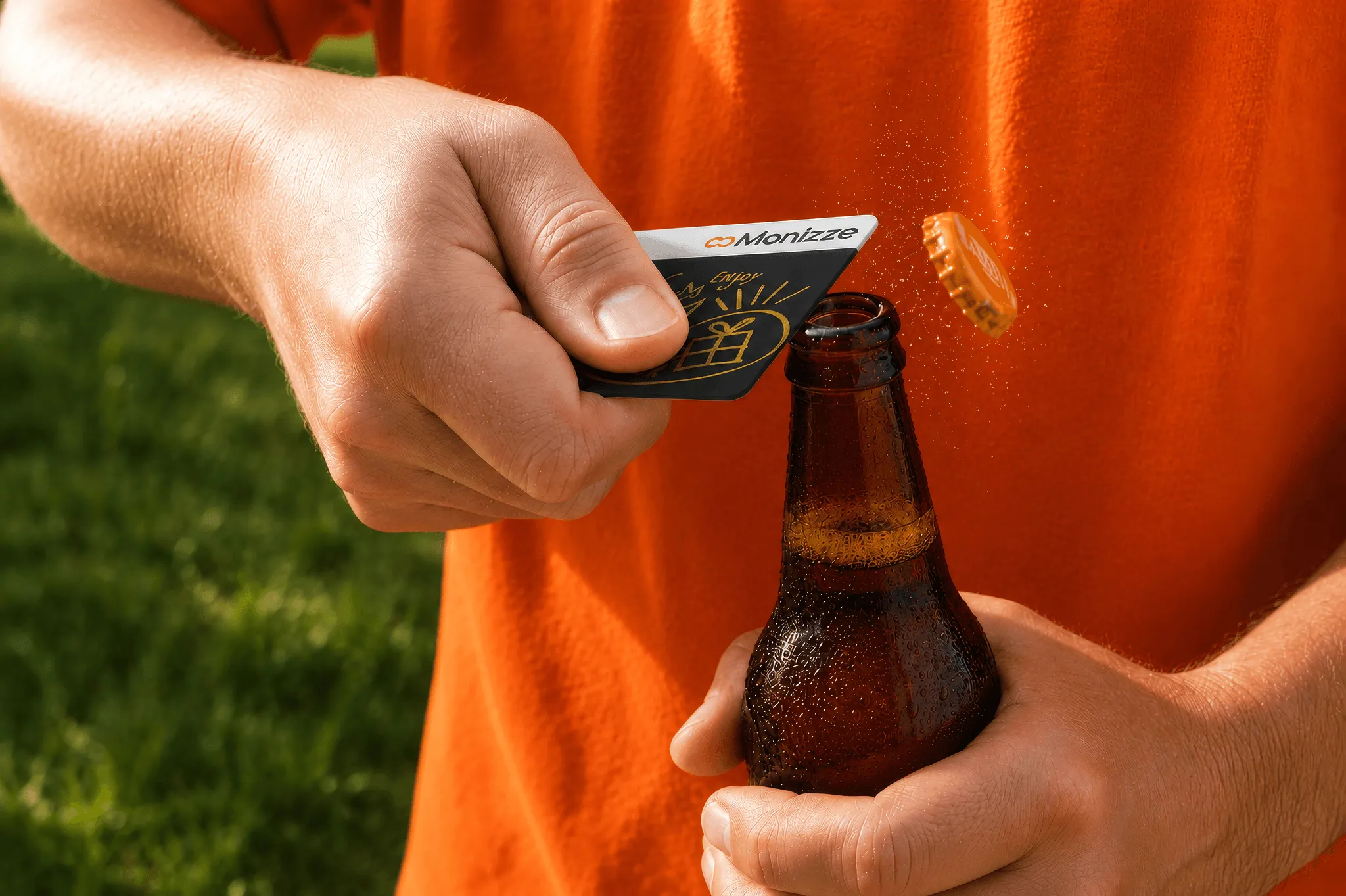 Een Monizze-kaart die een bierflesje opent, op oranje achtergrond