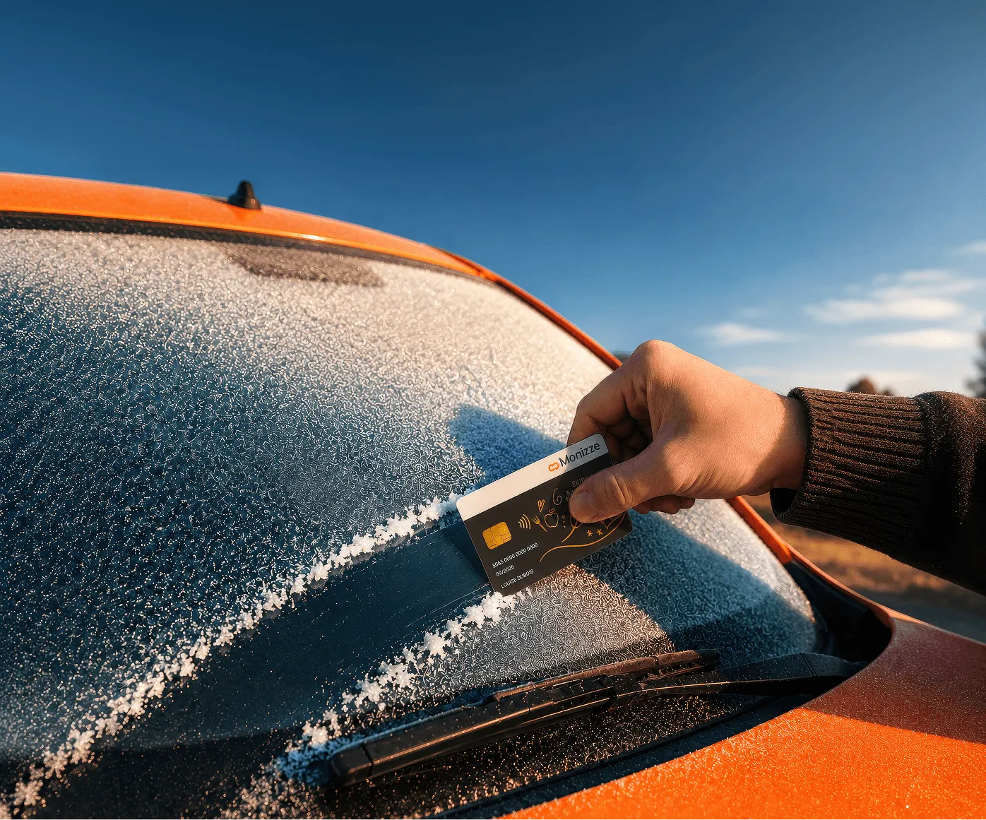 Een Monizze-kaart die ijs van een voorruit krabt op een oranje auto