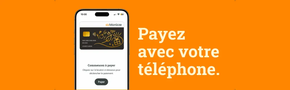 L'app Monizze ouverte sur l'écran de paiement, avec le message « Payez avec votre téléphone »