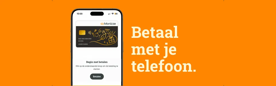 De Monizze-app op het betaalscherm, met de boodschap « Betaal met je telefoon »