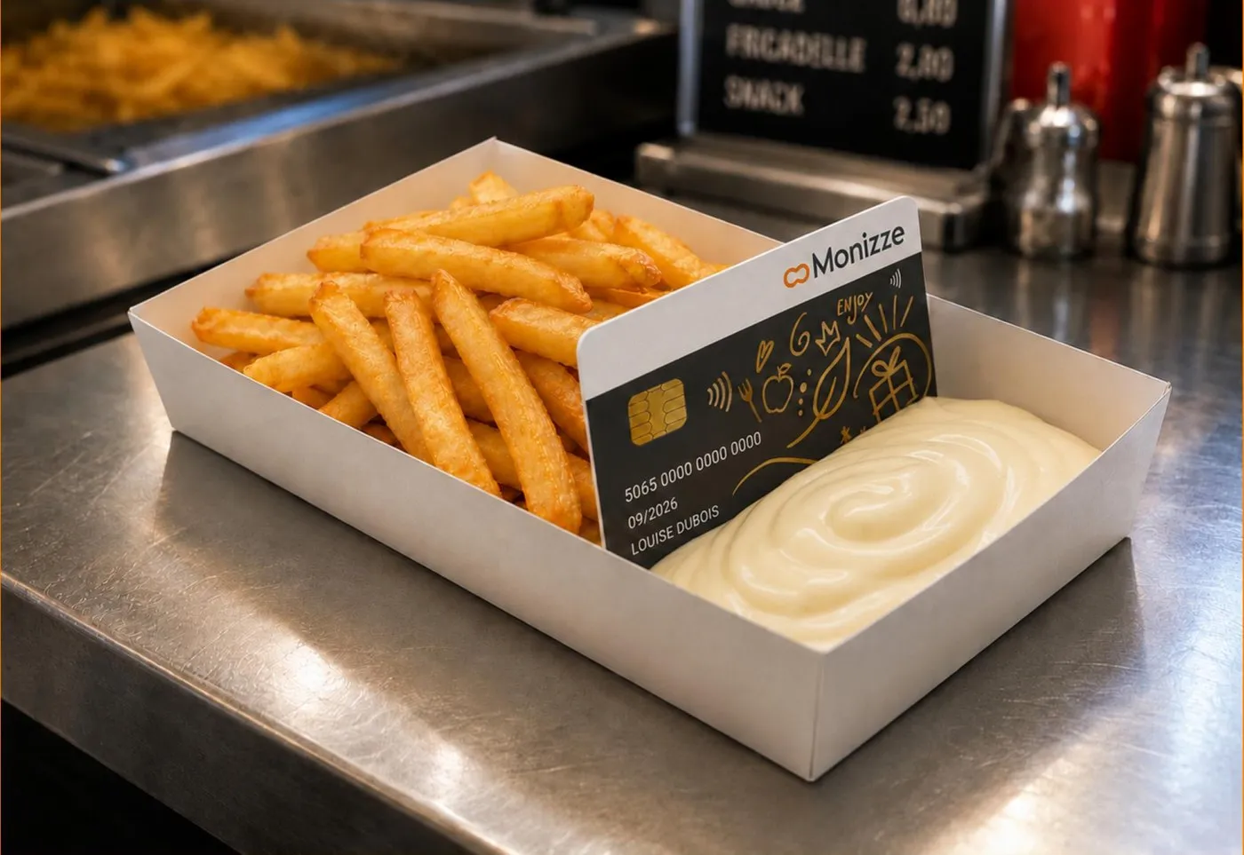 A Monizze card standing upright in a tray of fries, separating the fries from the mayonnaise