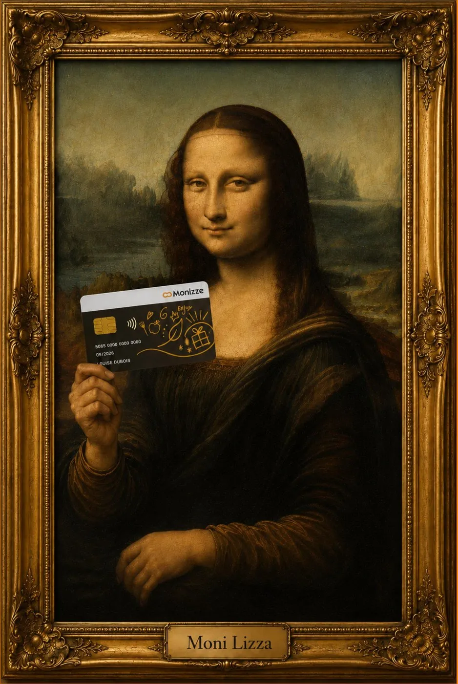 A reproduction of the Mona Lisa in a gilded frame, holding a Monizze card, with a plaque reading Moni Lizza