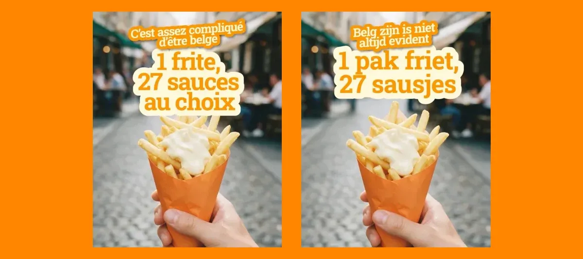 De twee campagneaffiches naast elkaar, in het Frans en het Nederlands: een hand houdt een puntzak friet met mayonaise vast, met de boodschap « Belg zijn is niet altijd evident — 1 pak friet, 27 sausjes »