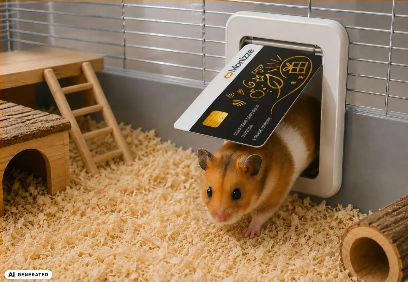 A hamster stepping through a miniature flap door closed off by a Monizze card