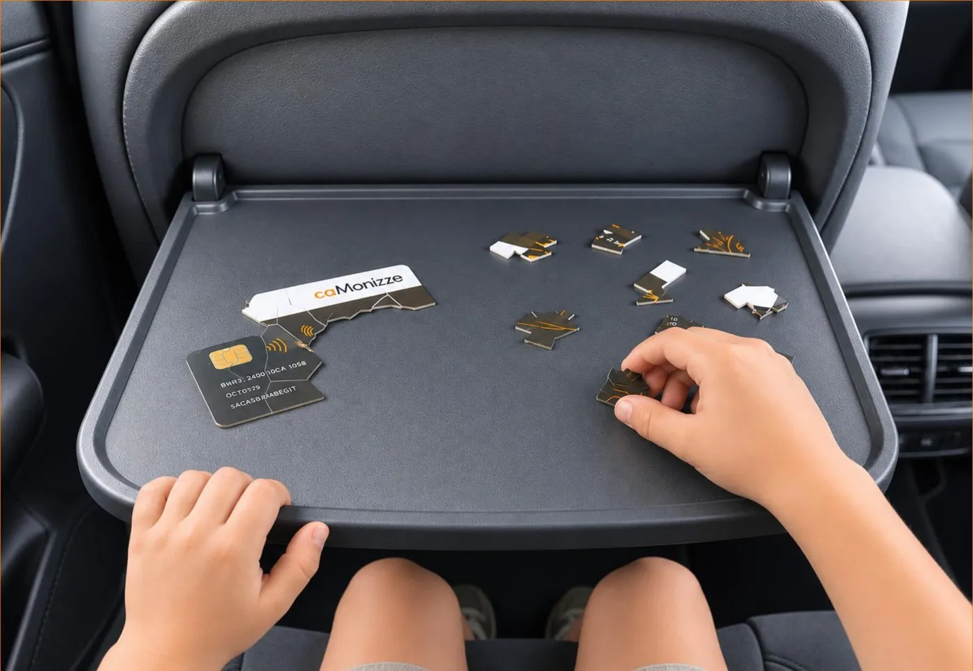 A child’s hands assembling the cut-up pieces of a Monizze card on a car seat tray