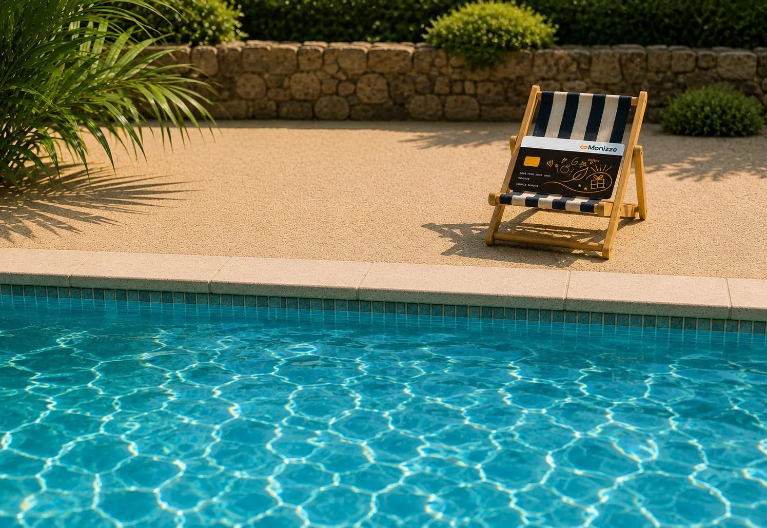 A Monizze card set on a striped miniature deckchair beside a swimming pool