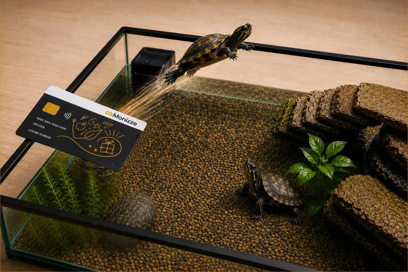 A Monizze card propped at an angle against the wall of an aquarium, forming a ramp for two turtles